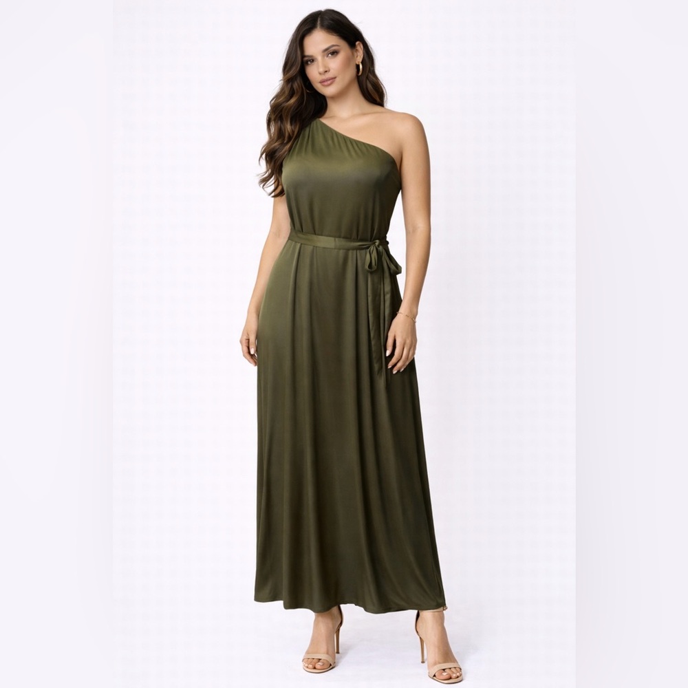 Nicole Miller Maxi Dress 12 Stretch Silky Green One Shoulder Belted Washable